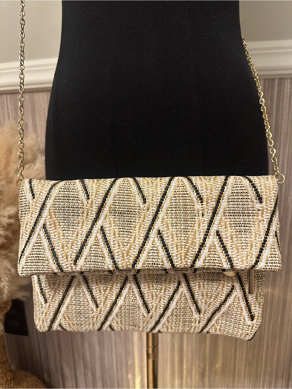 Urban Expressions Woven Foldover Crossbody Bag Geometric Chain Strap